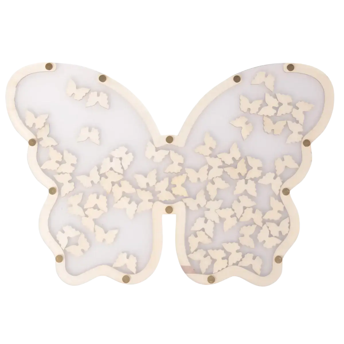 Beige wooden butterfly wedding guest book alternative frame with translucent frosted glass center and embedded smaller butterflies