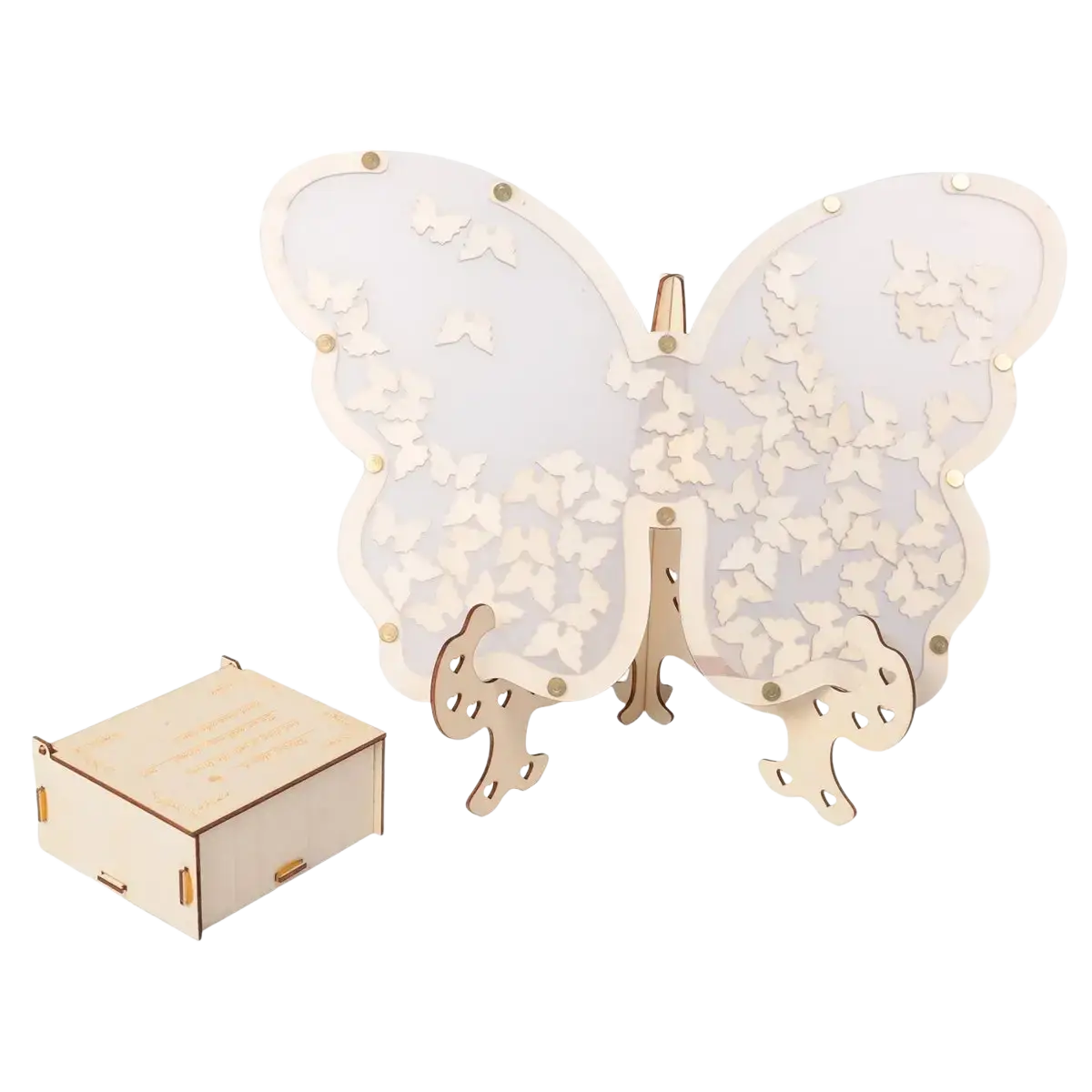 Delicate white wooden butterfly wedding guest book alternative frame lamp with intricate cut-out patterns on light wood base