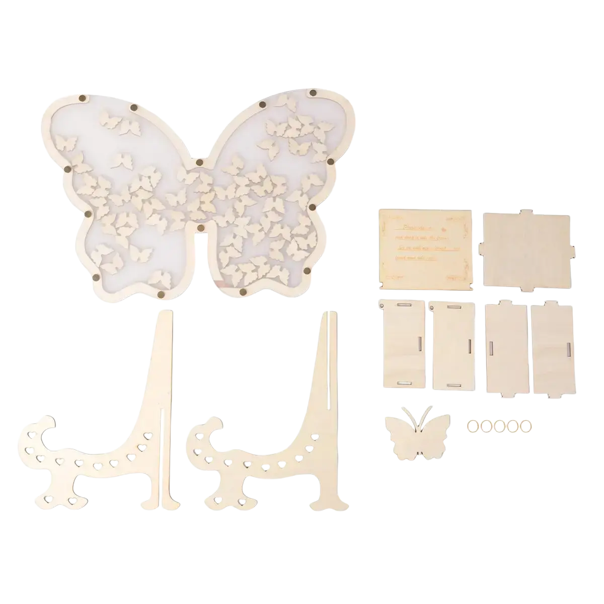 Light-colored wooden butterfly wedding guest book alternative frame with intricate cut-out decorative patterns