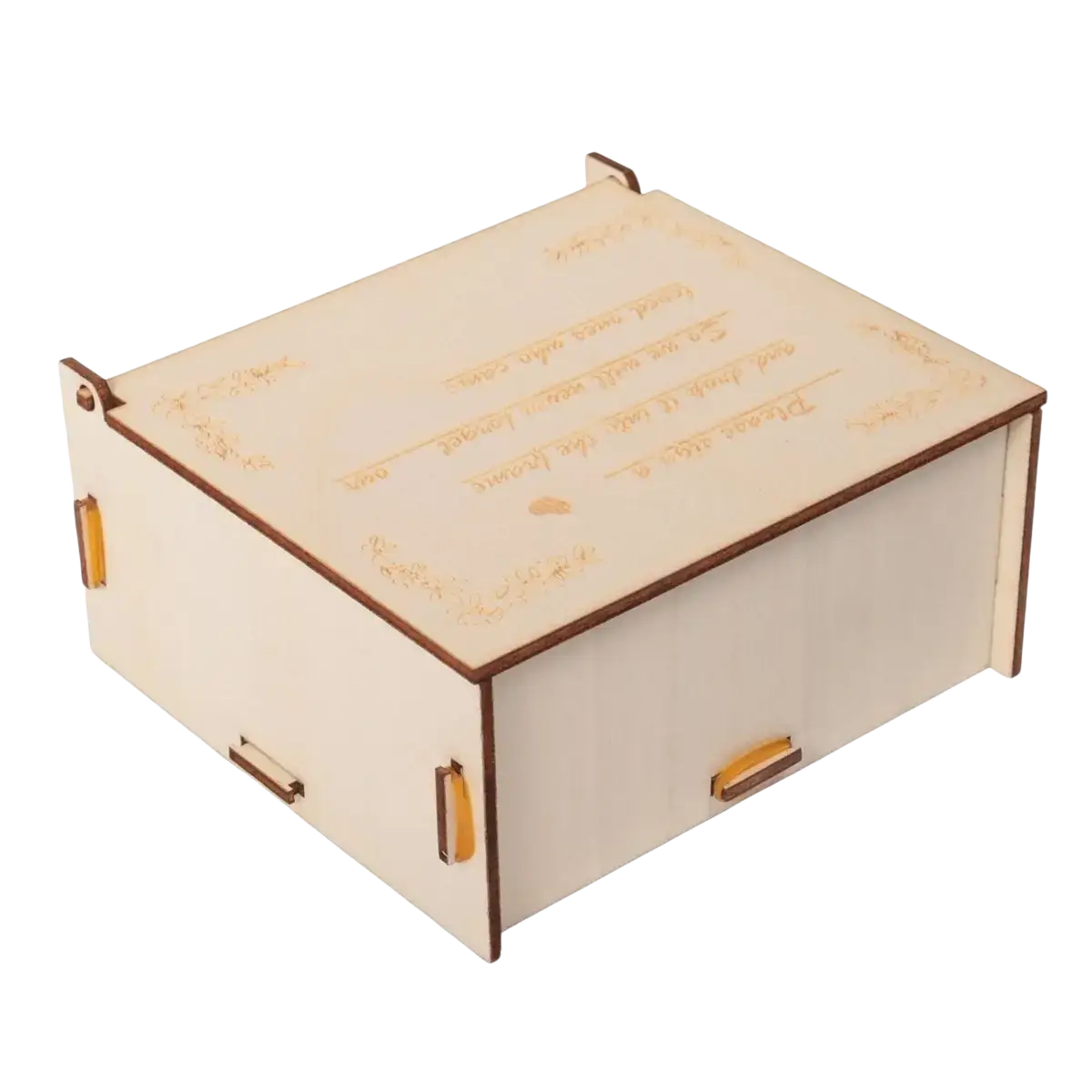 A light-colored wooden butterfly wedding guest book alternative frame with engraved text and golden side handles