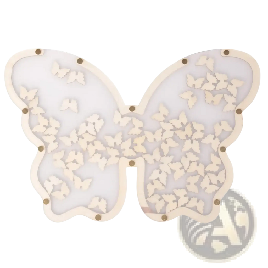 Beige wooden butterfly wedding guest book alternative frame with translucent frosted glass center and embedded smaller butterflies
