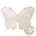 Beige wooden butterfly wedding guest book alternative frame with translucent frosted glass center and embedded smaller butterflies