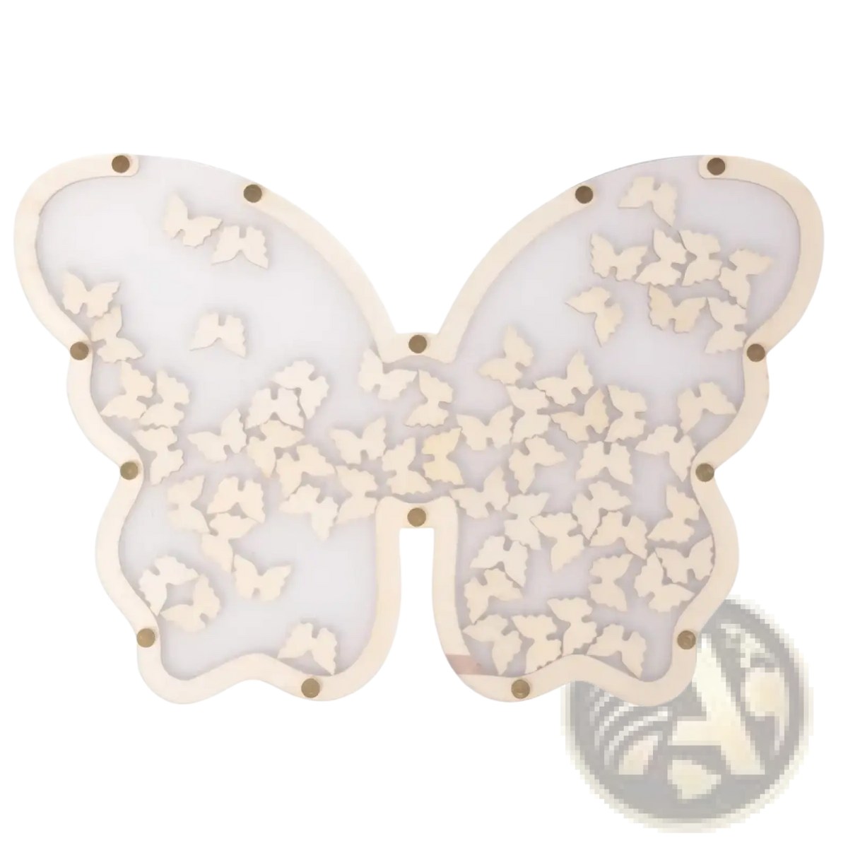 Beige wooden butterfly wedding guest book alternative frame with translucent frosted glass center and embedded smaller butterflies
