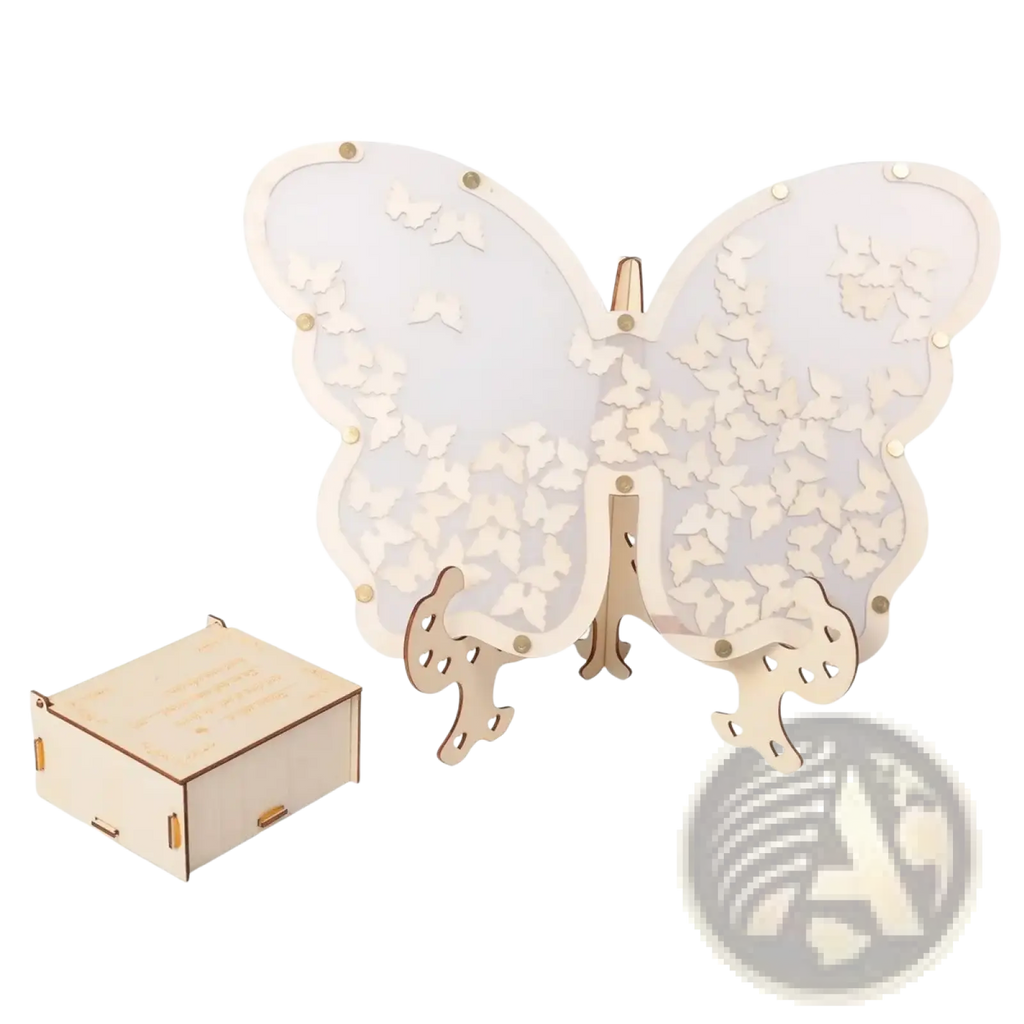 Delicate white wooden butterfly wedding guest book alternative frame lamp with intricate cut-out patterns on light wood base