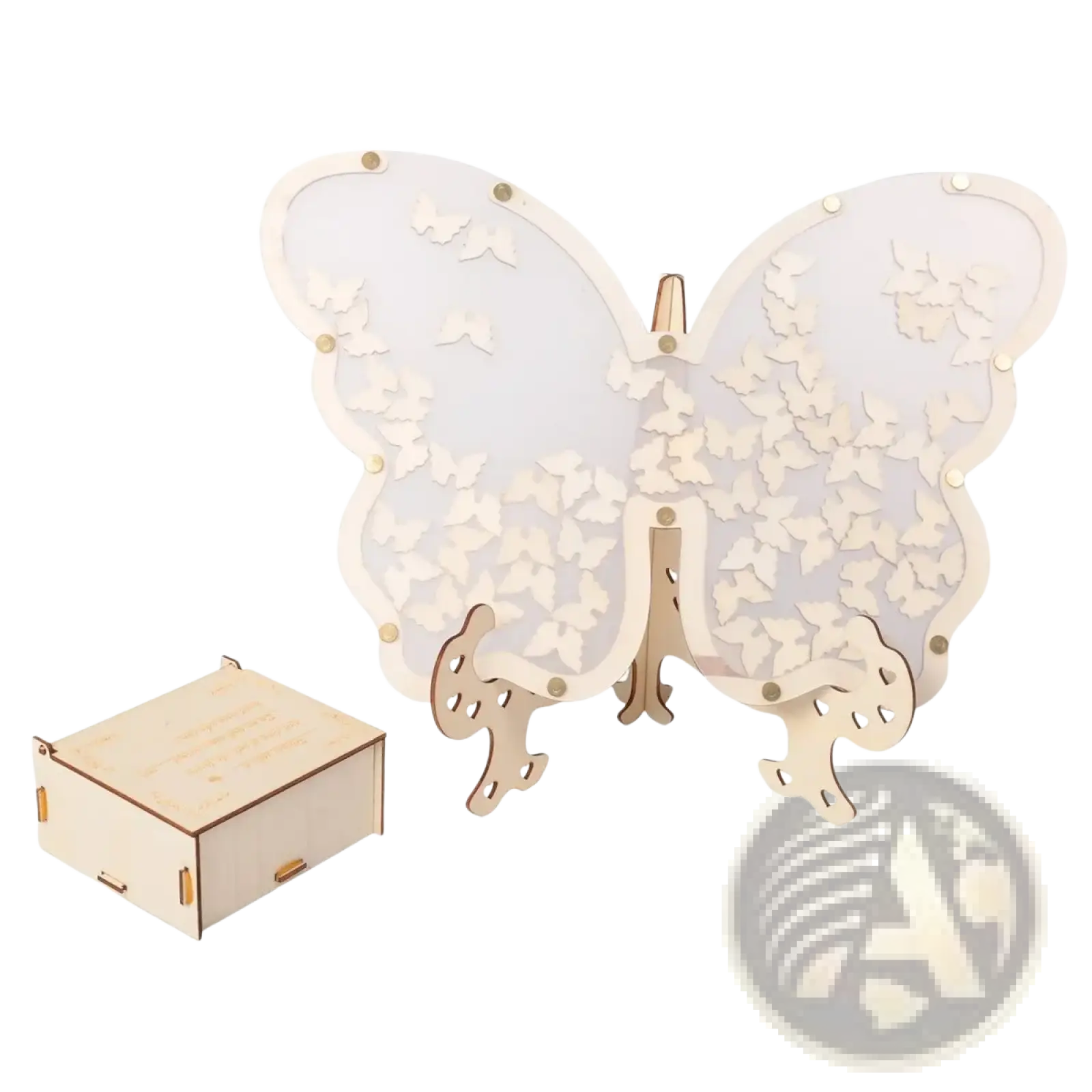 Delicate white wooden butterfly wedding guest book alternative frame lamp with intricate cut-out patterns on light wood base