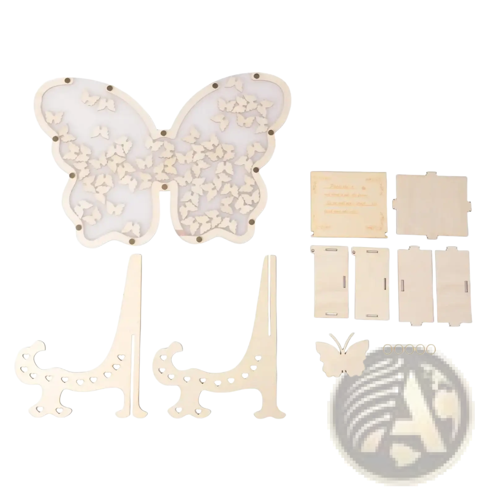Light-colored wooden butterfly wedding guest book alternative frame with intricate cut-out decorative patterns