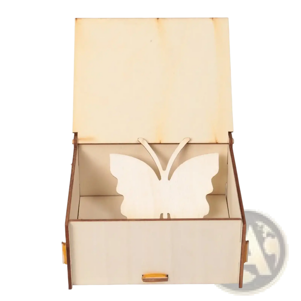 Wooden butterfly wedding guest book alternative frame with light wood butterfly cutout in minimalist box with drawer