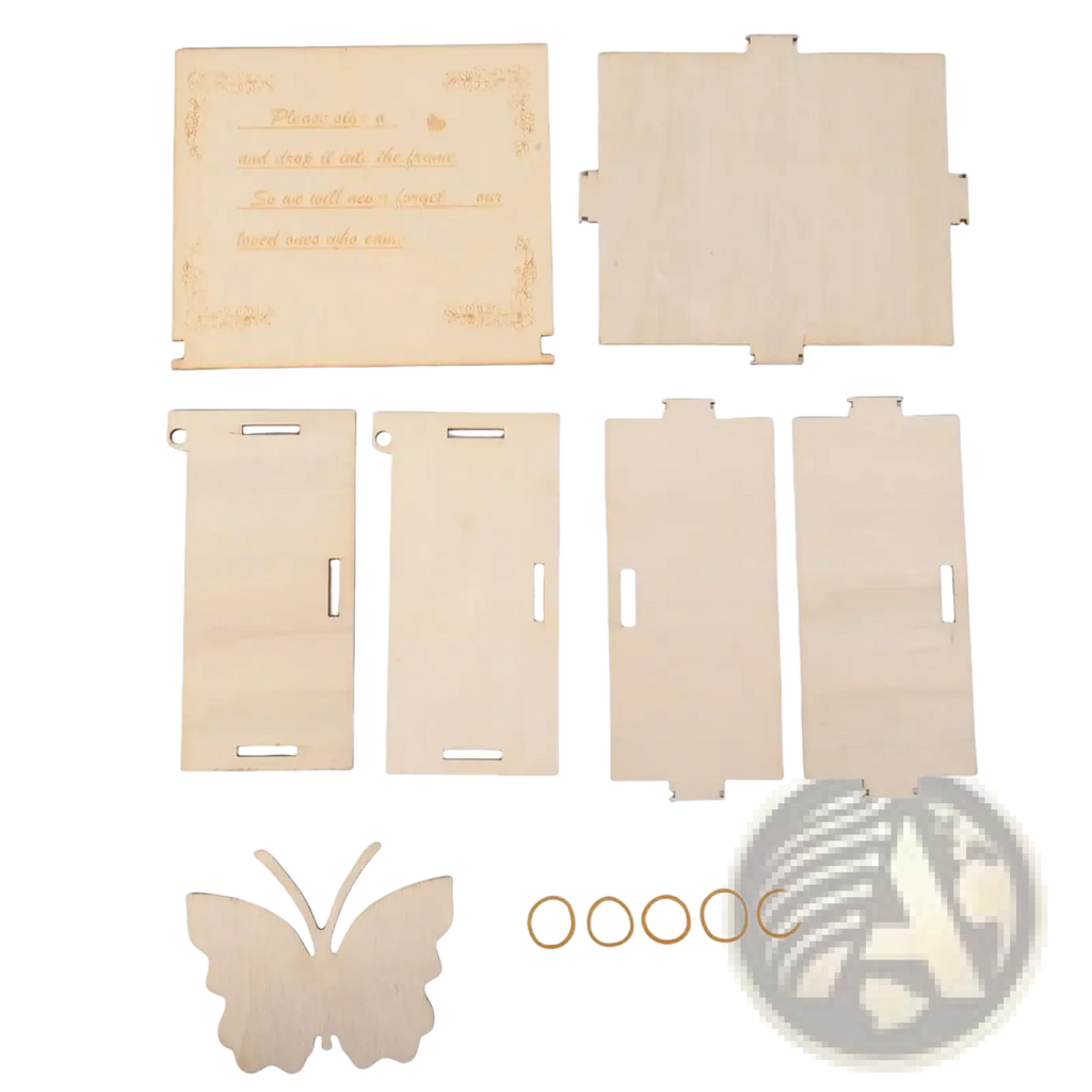 Unfinished light wood wooden butterfly wedding guest book alternative frame with engraved card and metal rings diy craft kit