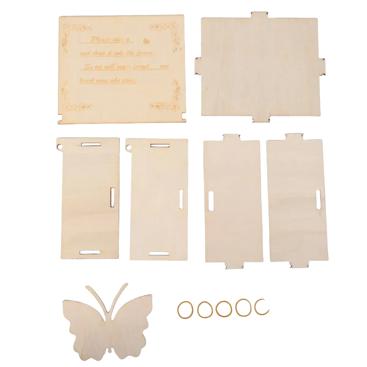 Unfinished light wood wooden butterfly wedding guest book alternative frame with engraved card and metal rings diy craft kit