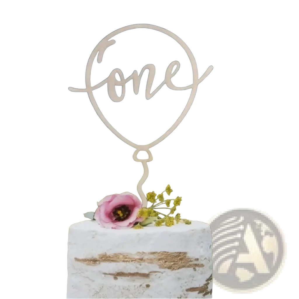 Wooden one cake topper light-colored balloon shape with elegant floral birthday decoration in circular outline