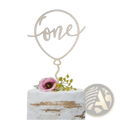 Wooden one cake topper light-colored balloon shape with elegant floral birthday decoration in circular outline