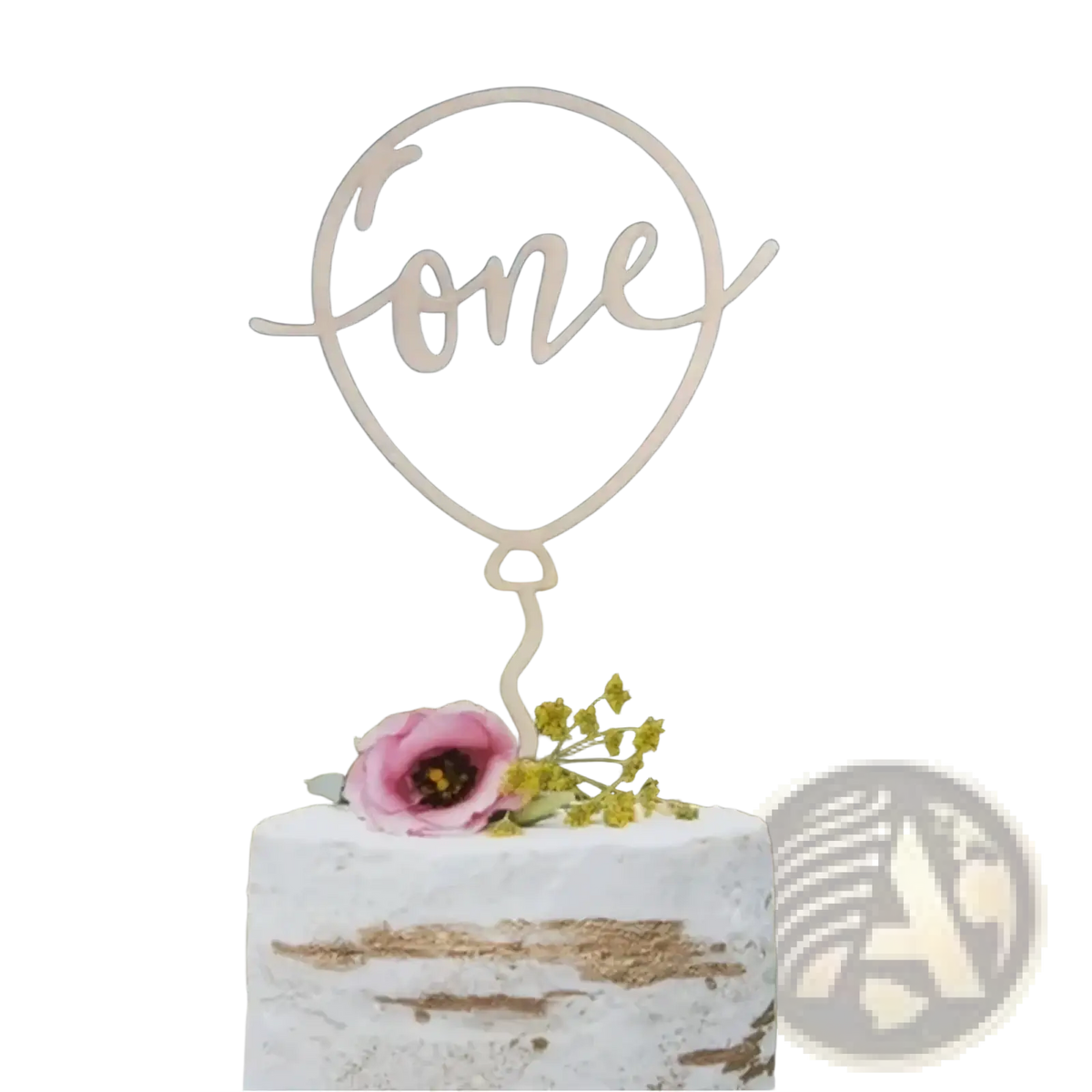 Wooden one cake topper light-colored balloon shape with elegant floral birthday decoration in circular outline