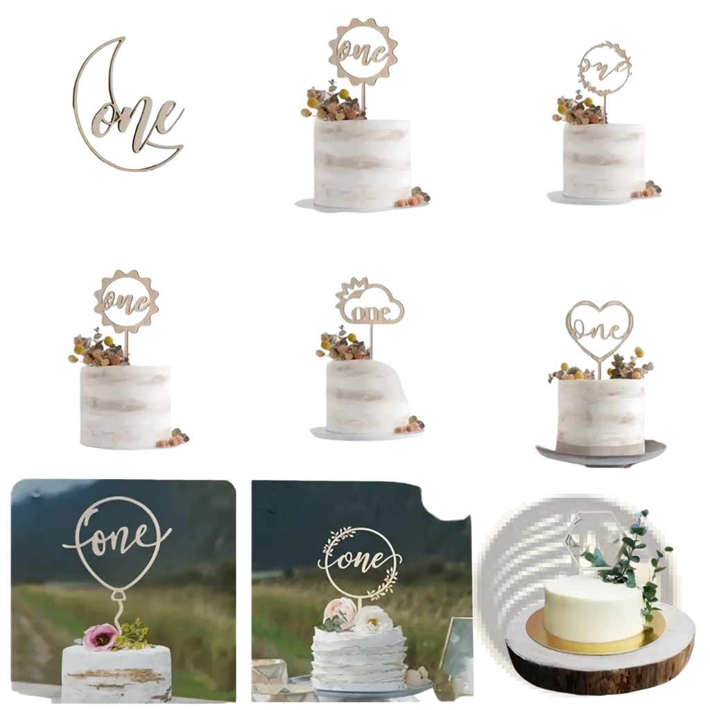 Wooden one cake topper with delicate cutout designs and natural finish for floral birthday decoration