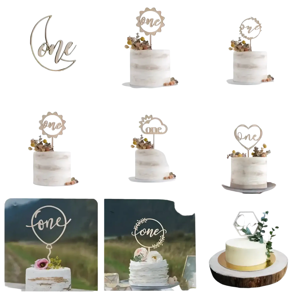 Delicate gold toned wooden one cake topper with crescent moon heart and balloon designs for floral birthday decoration