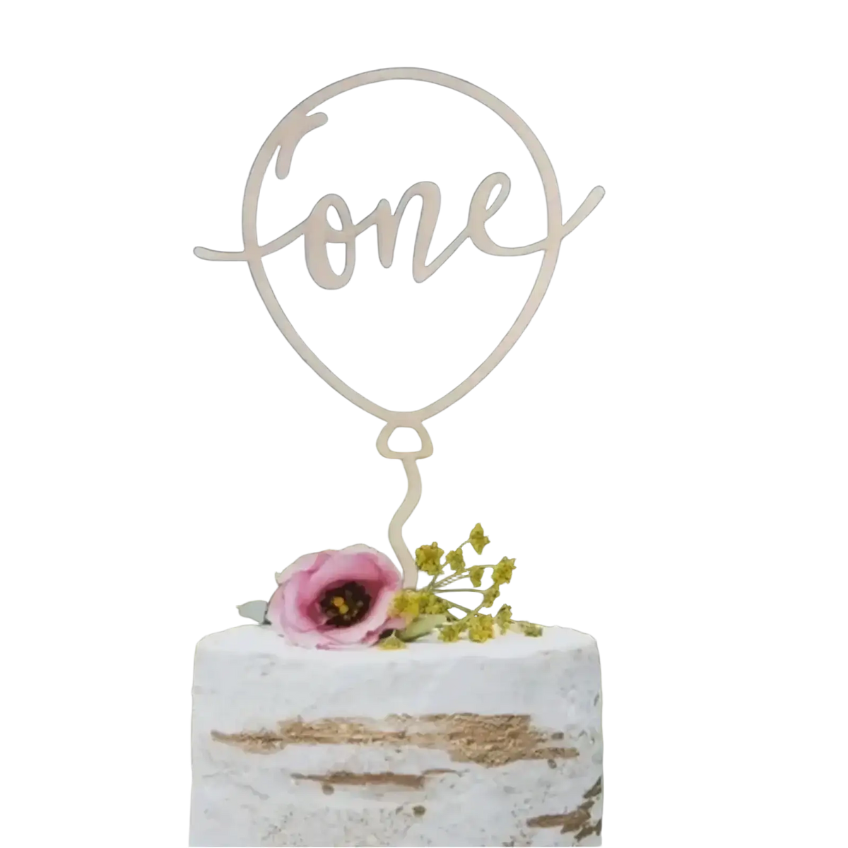 Wooden one cake topper in silver balloon shape with floral birthday decoration featuring pink and yellow blooms