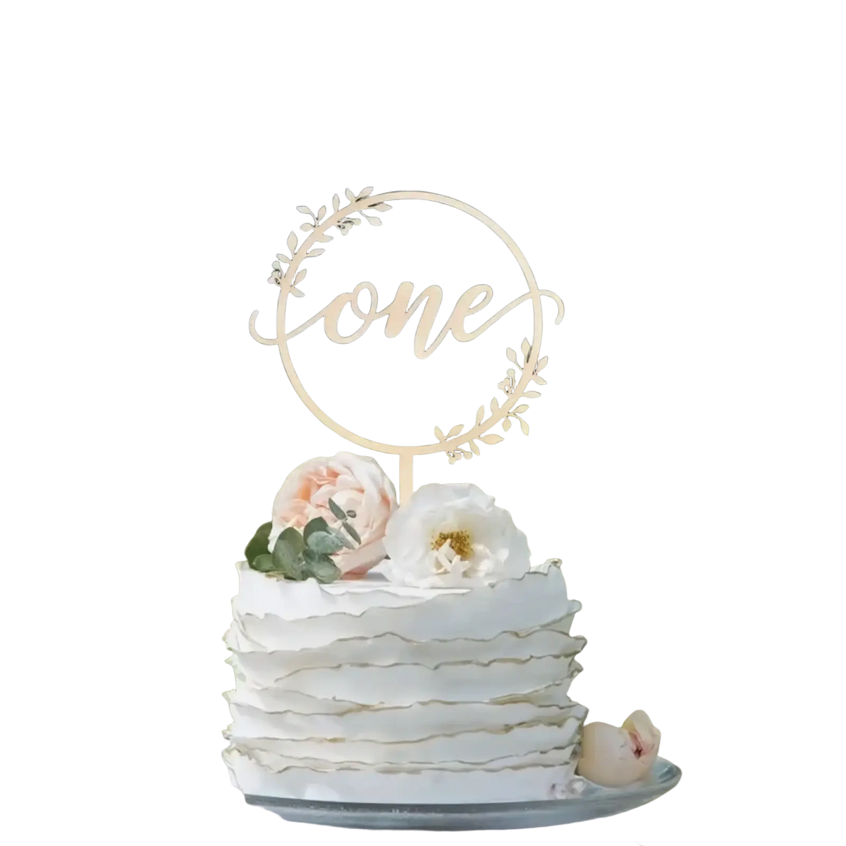 Gold metallic wooden one cake topper with cursive script and circular delicate leaf wreath for birthday decoration
