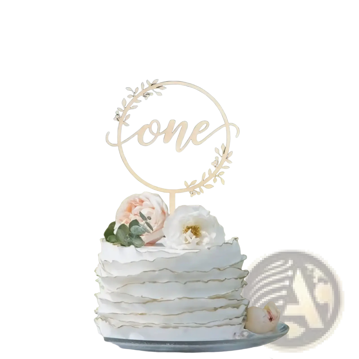 Gold metallic wooden one cake topper with cursive script and circular delicate leaf wreath for birthday decoration