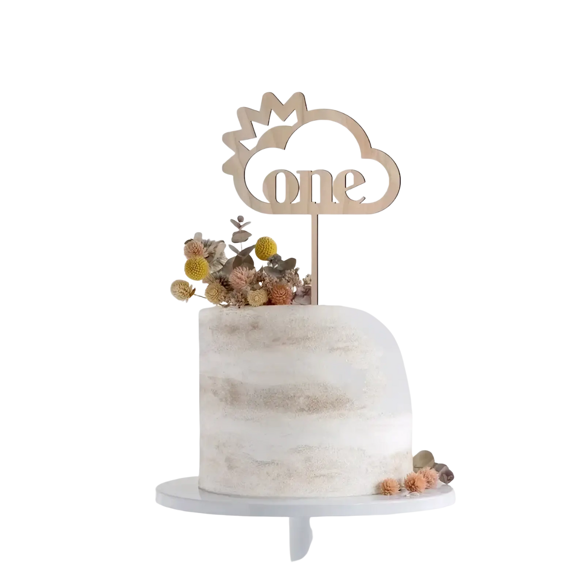 Light wood cloud-shaped wooden one cake topper with crown detail for floral birthday decoration