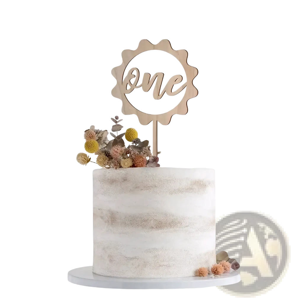 A light wood sun-shaped wooden one cake topper with cursive script for floral birthday decoration