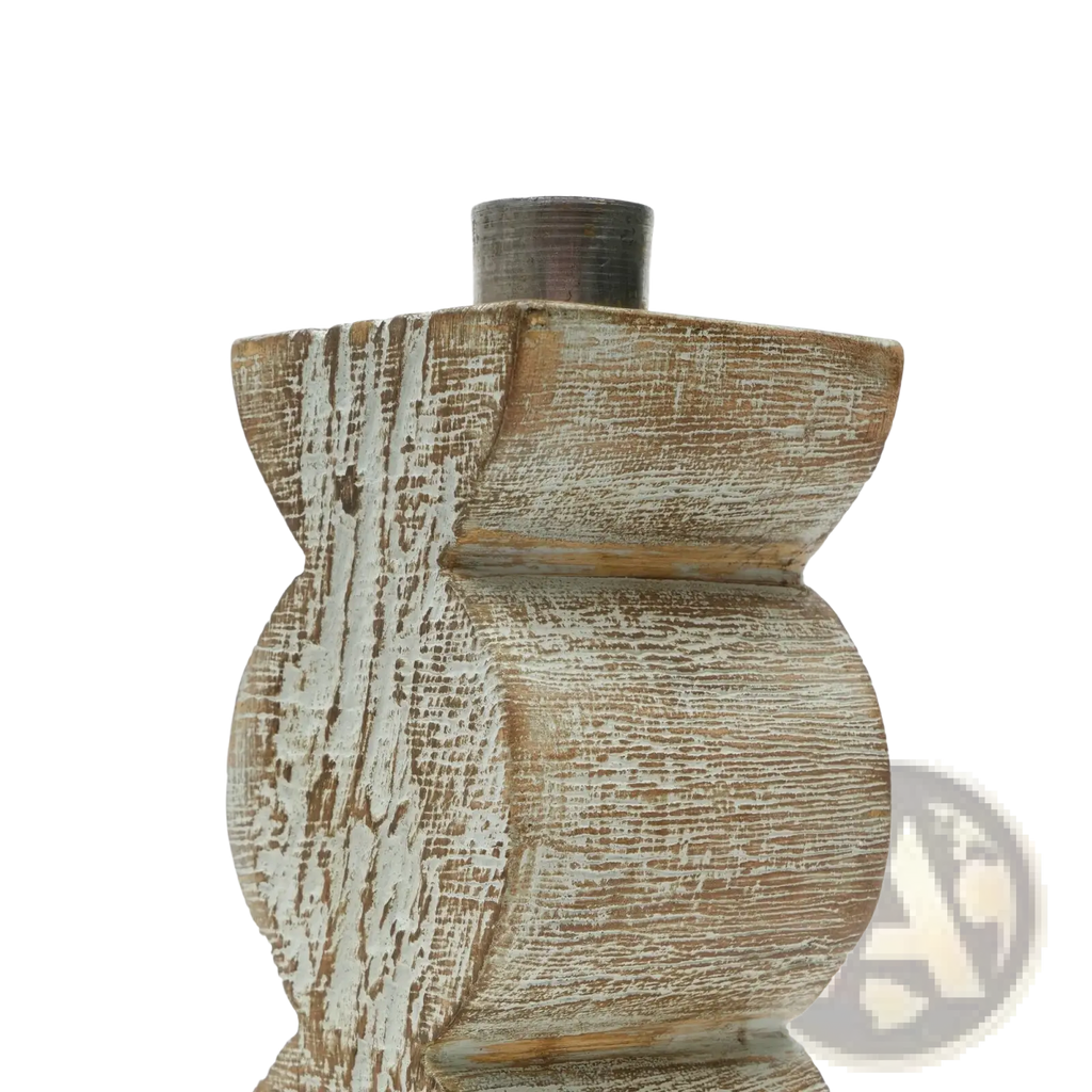 Rustic wooden candle holder stacked oval centerpiece with distressed white finish and visible wood grain texture