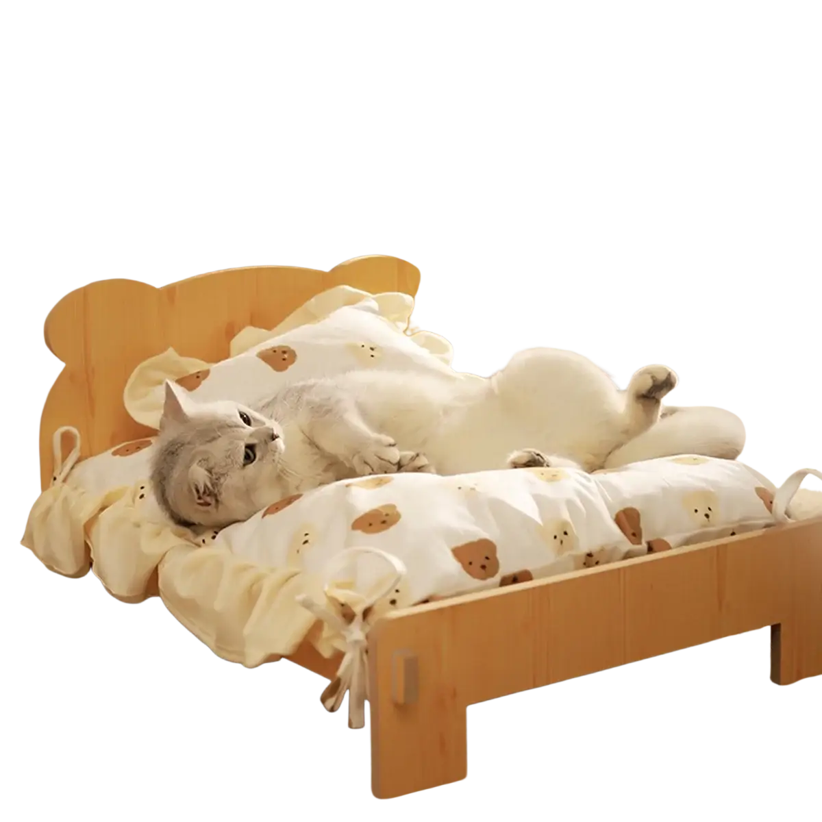 Cozy wooden cat bed with soft cream fabric cover featuring brown bear faces and ruffled edges for comfort