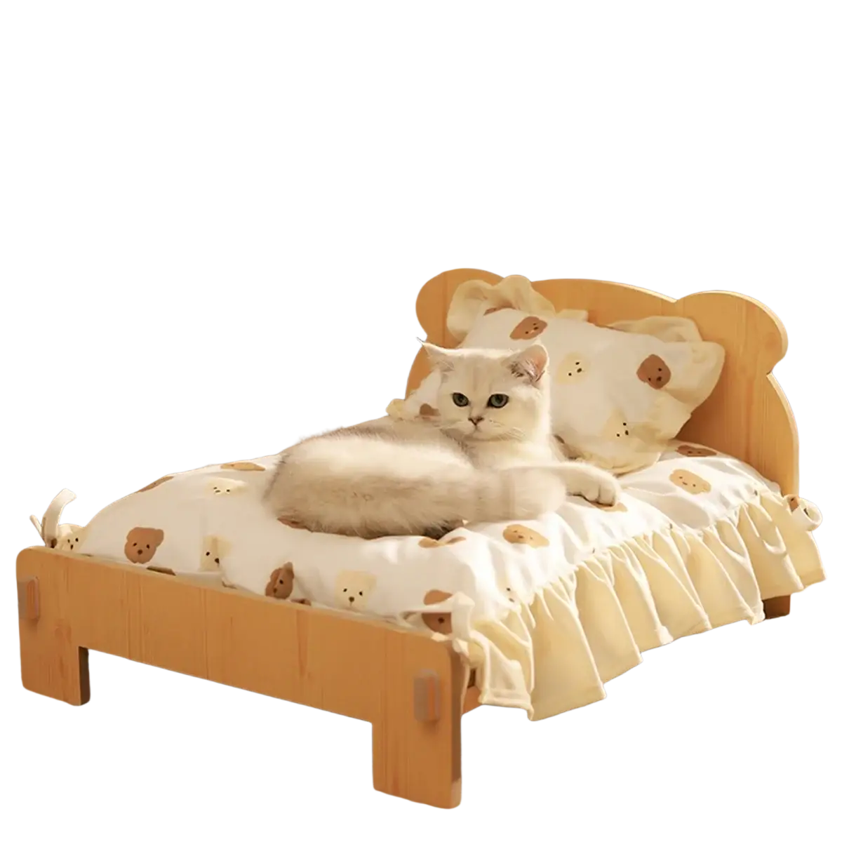 Wooden cat bed with a cozy light wood frame and white beige bear pattern fabric featuring ruffled edges
