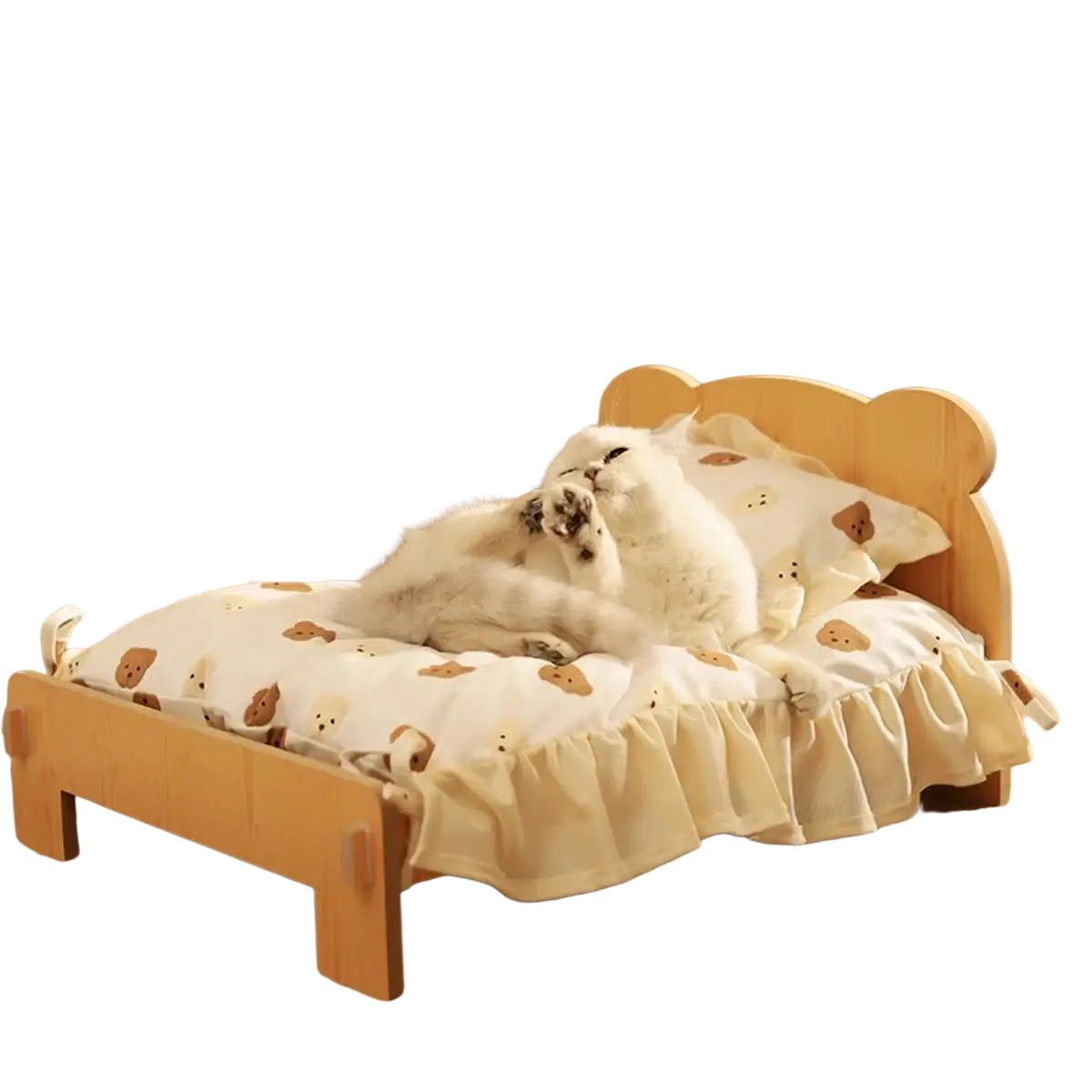 Wooden cat bed with light wood frame and cream fabric cover featuring small brown bear prints for cozy pets