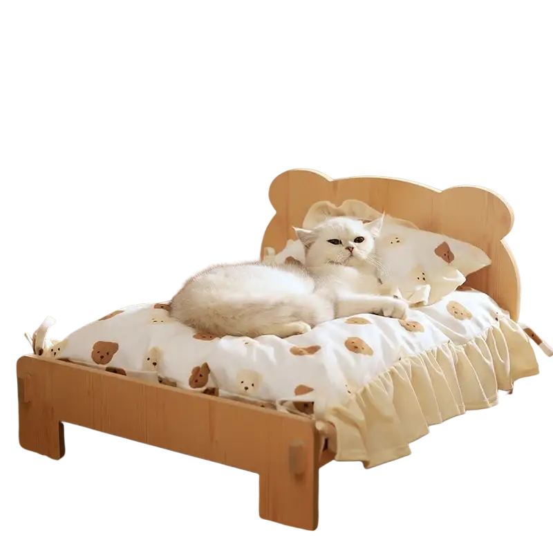 Cute light wood bear-shaped wooden cat bed with white beige teddy bear patterned fabric cover for cats