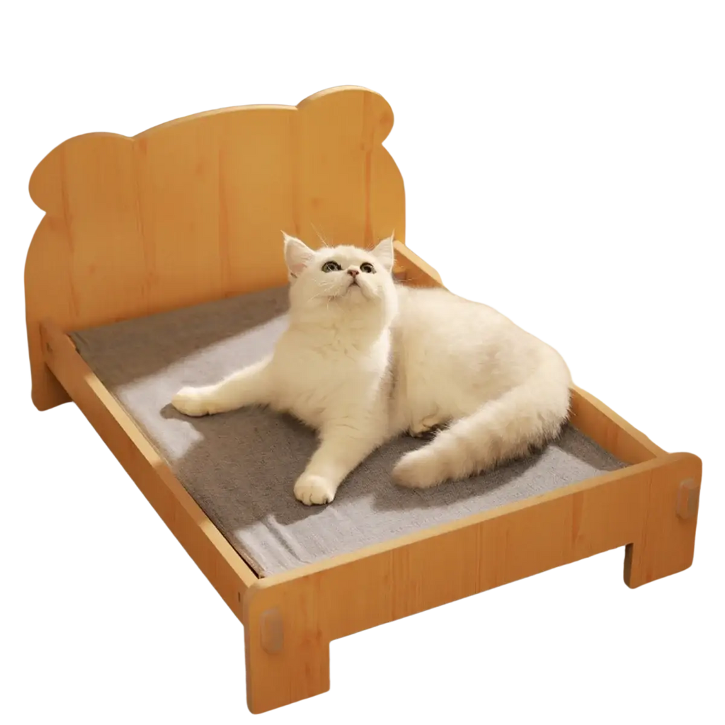 Light-colored wooden cat bed with bear pattern, soft gray cushion, and rounded headboard design for pets