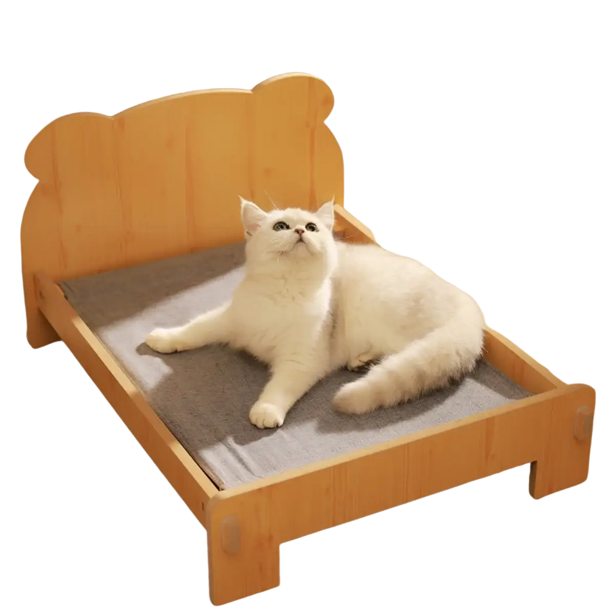 Light-colored wooden cat bed with bear pattern, soft gray cushion, and rounded headboard design for pets