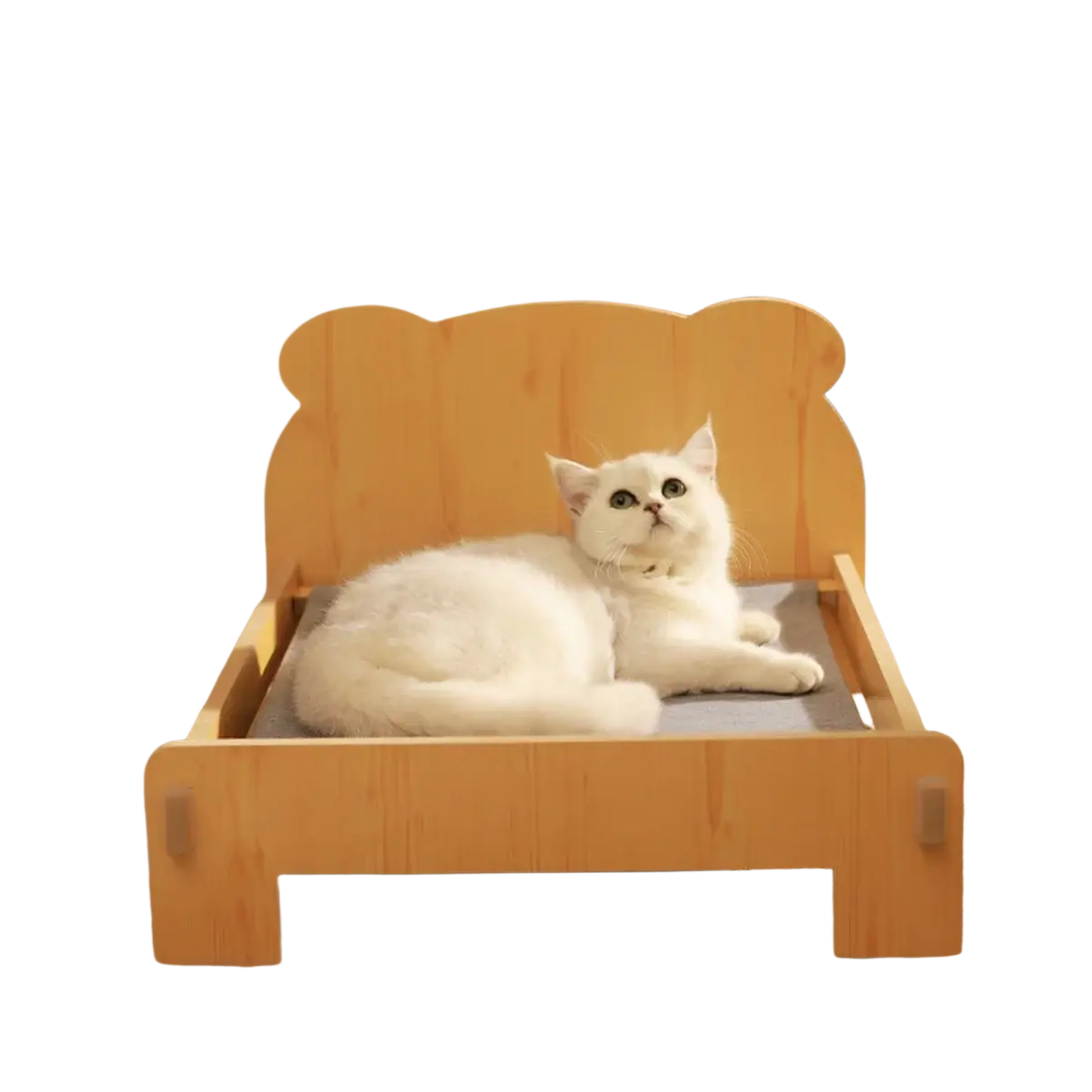Light wood wooden cat bed with bear pattern featuring a gray cushion for comfortable pet resting