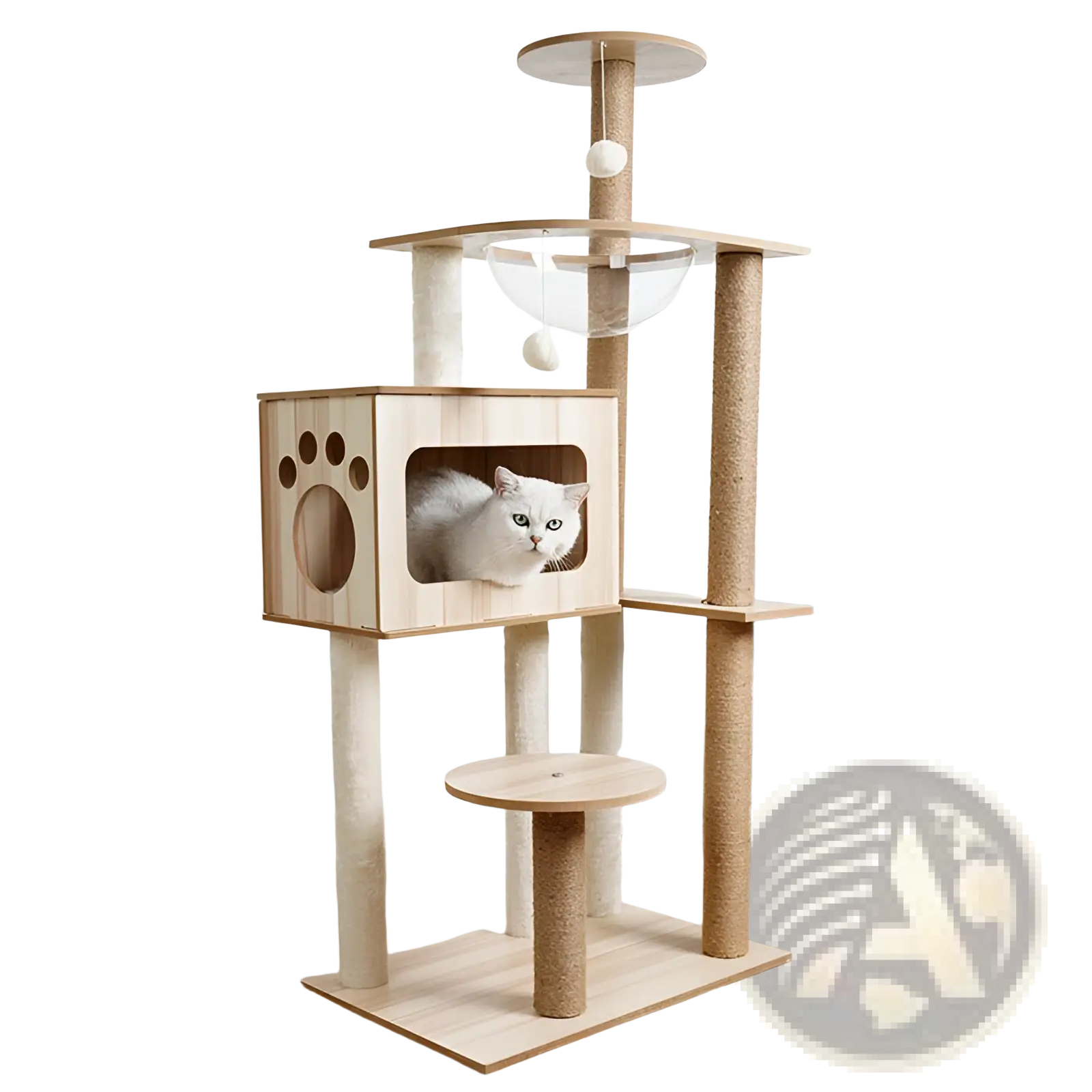 Light wood wooden cat tree scratching post and condo with platforms and enclosed cubby featuring paw print cutouts