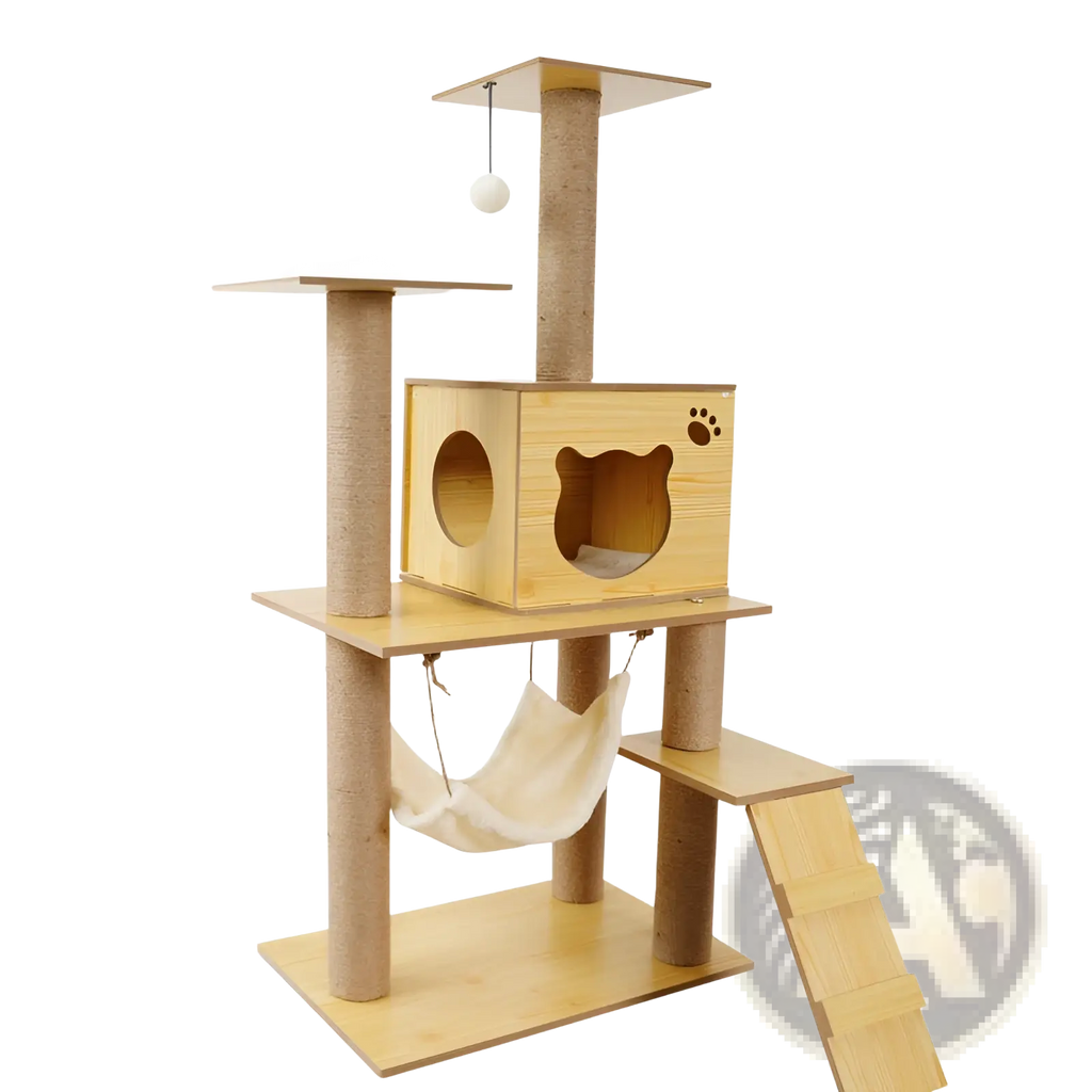 Light wood wooden cat tree scratching post and condo with platforms and hanging hammock for cats
