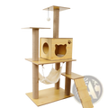 Light wood wooden cat tree scratching post and condo with platforms and hanging hammock for cats