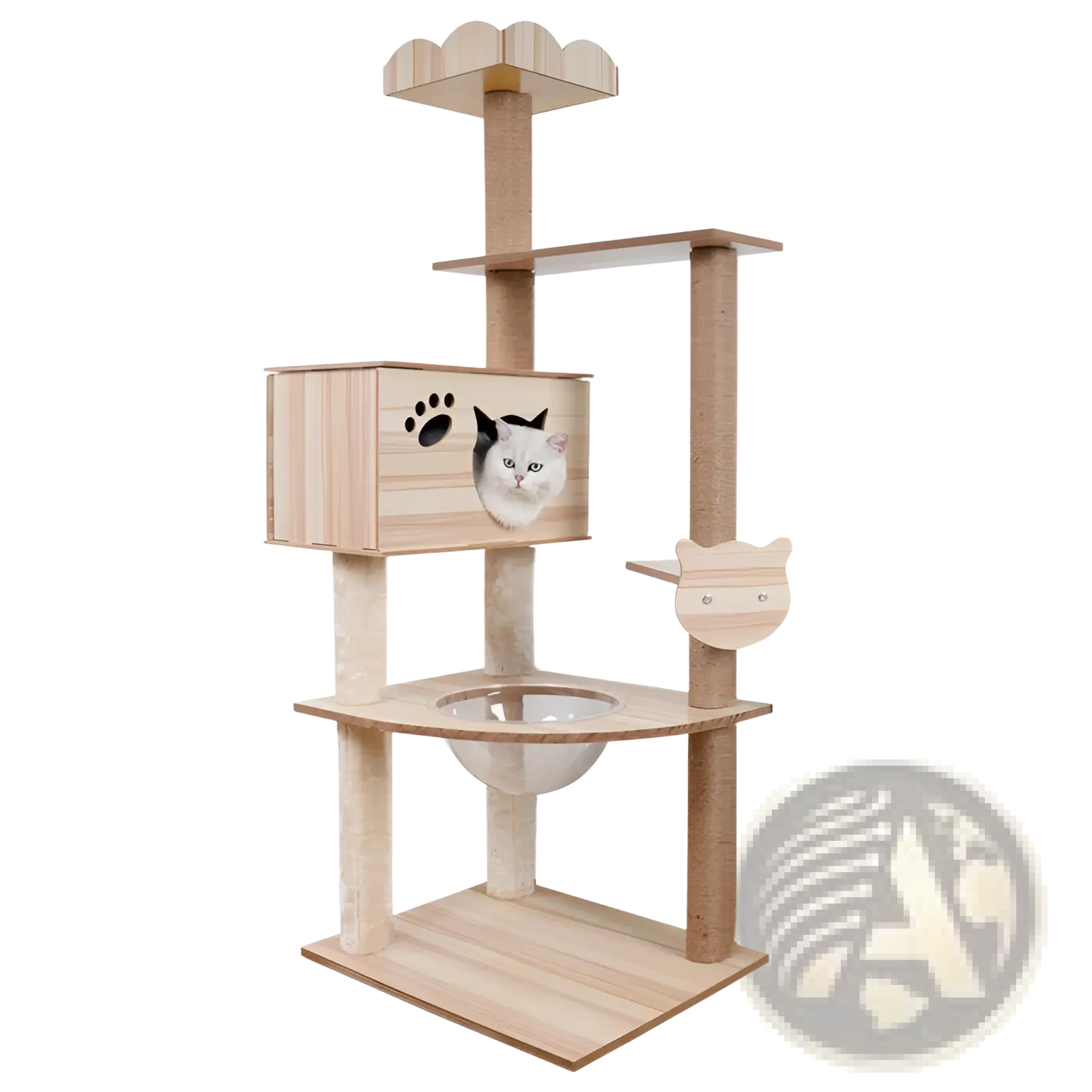 Wooden cat tree scratching post and condo in light wood with multi-level design and playful cutouts for cats
