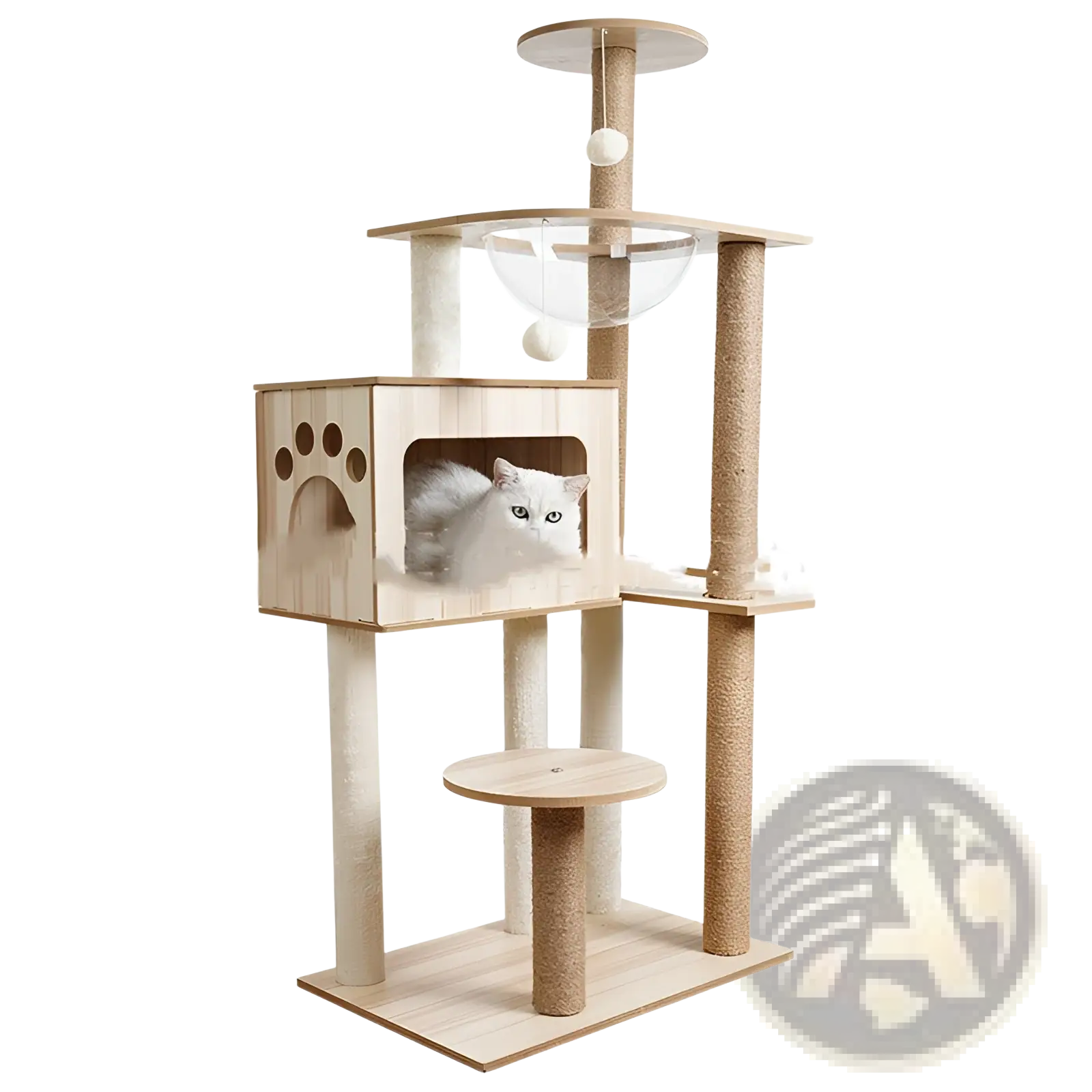 Beige wooden cat tree scratching post and condo with paw print cutouts and clear glass bowl at the top