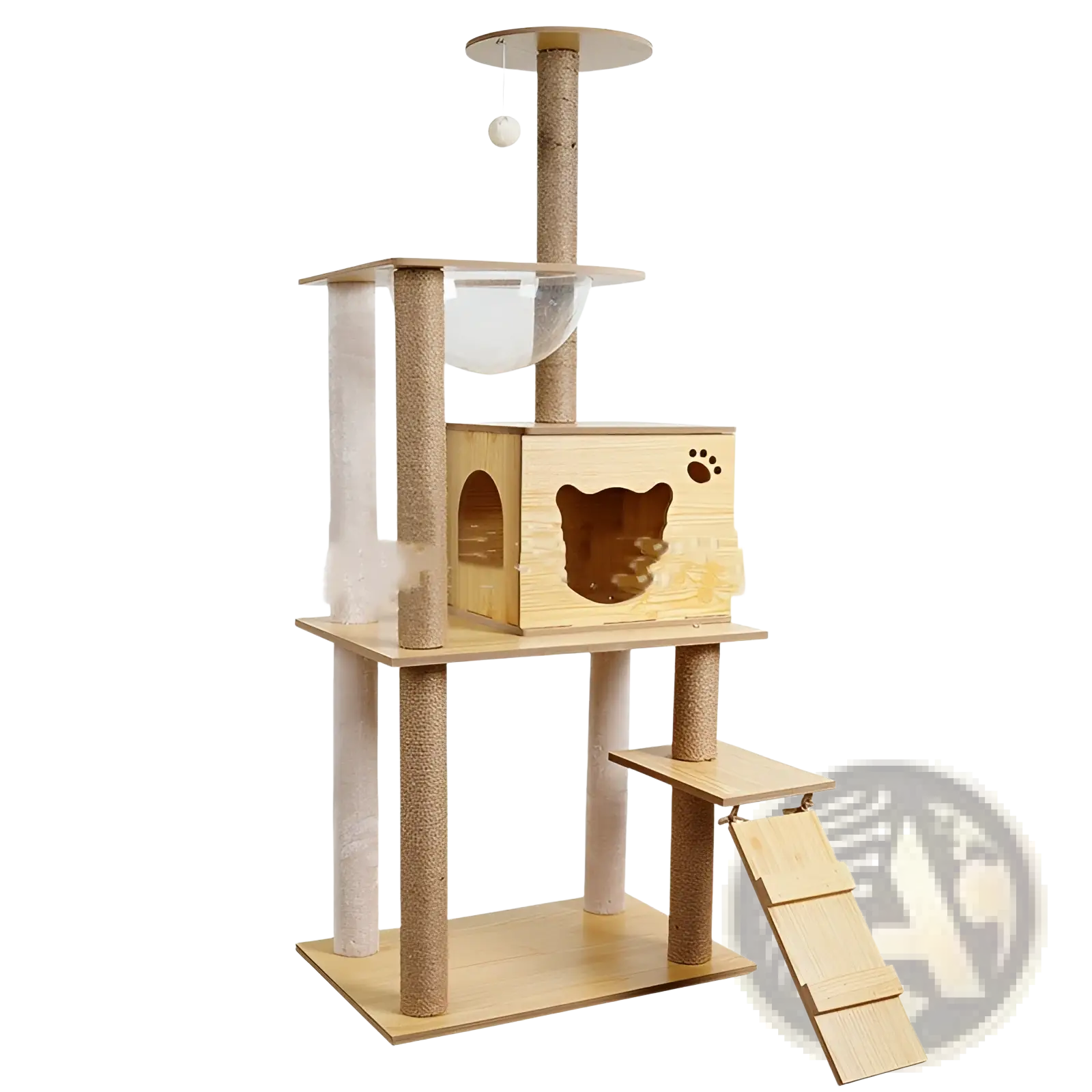 Light wood wooden cat tree scratching post and condo with sisal posts glass bowl perch and paw print cutout