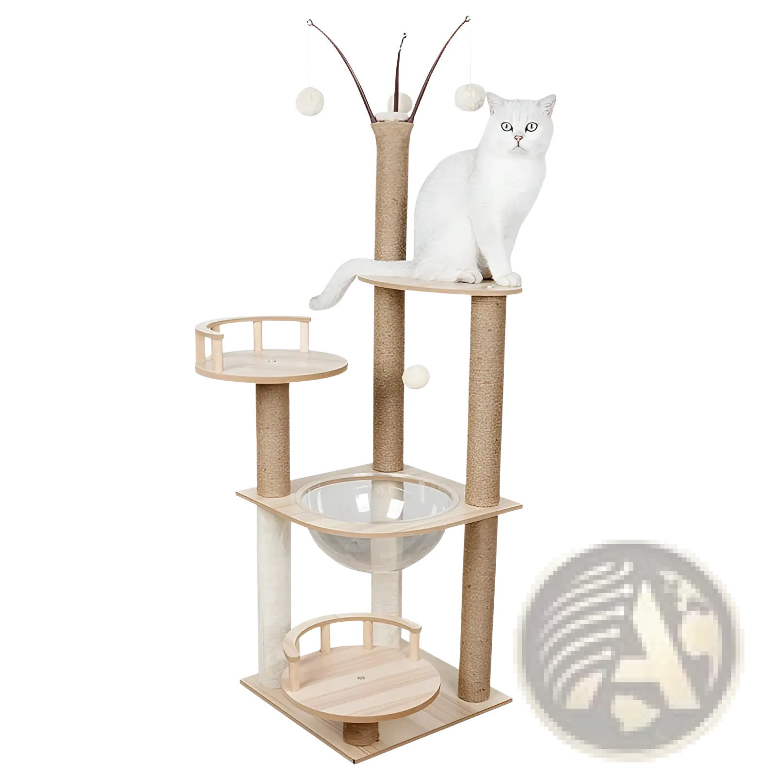 Wooden cat tree scratching post and condo with light wood platforms, sisal posts, glass bowl perch, and white pom-poms