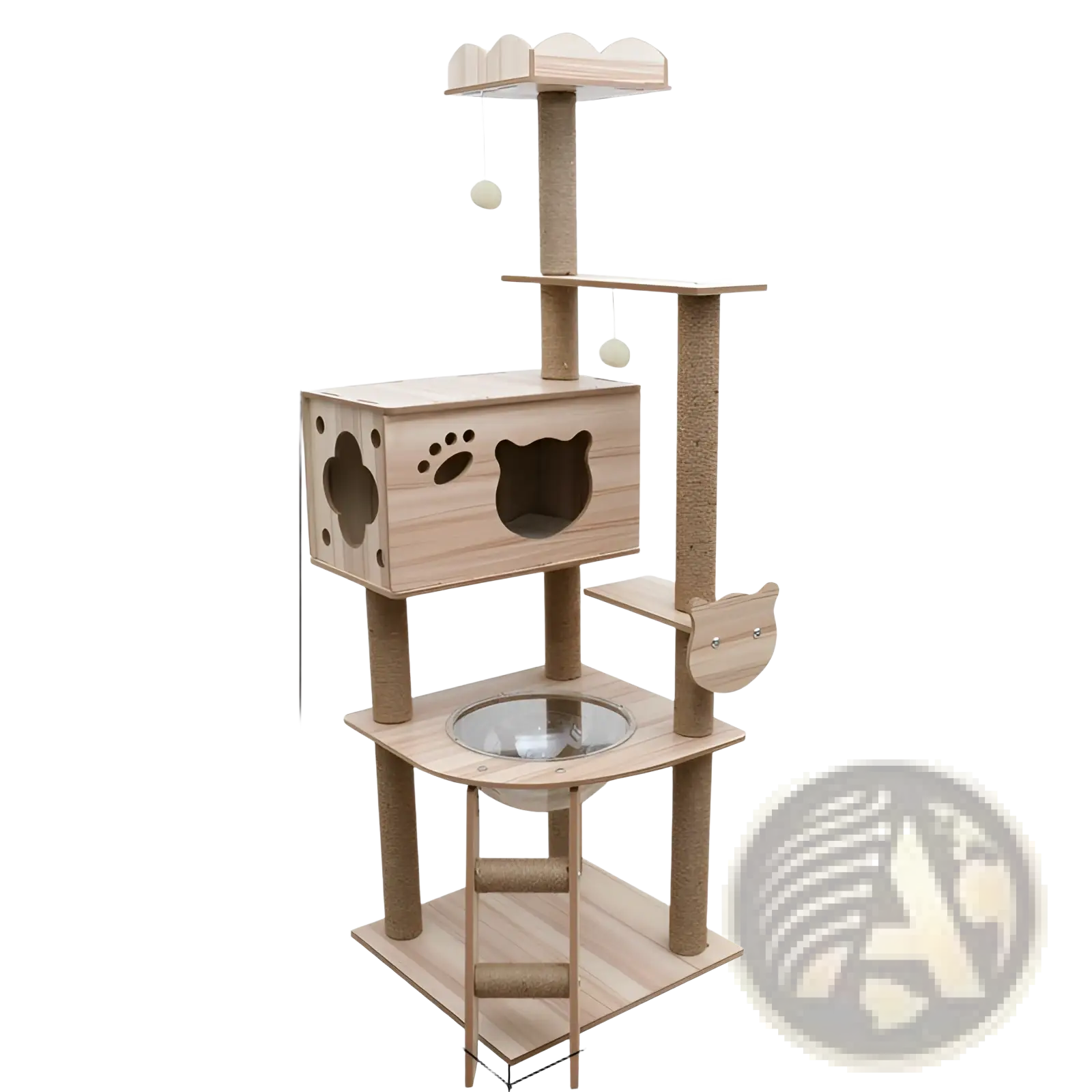 Light wood finish wooden cat tree scratching post and condo with bear face design multiple levels and scratching posts