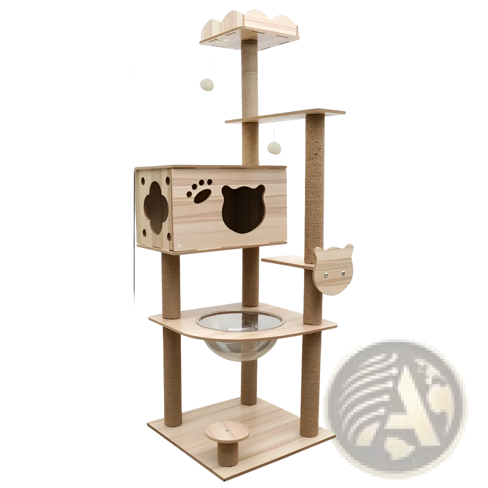 Light wood wooden cat tree scratching post and condo with sisal rope posts and decorative paw prints and cat face cutouts