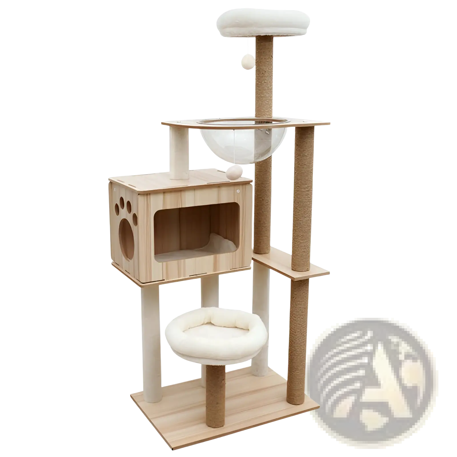 Multi-level wooden cat tree with beige scratching posts glass bowl perch and soft white cushioned platforms for cats