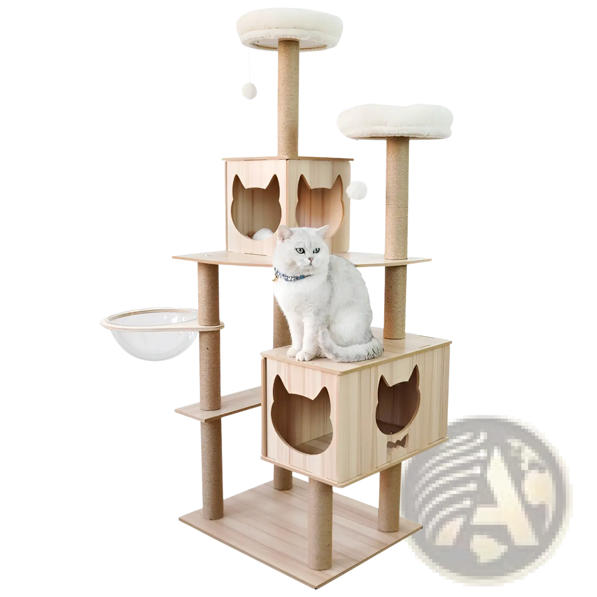 Light wood wooden cat tree scratching post and condo with multiple levels, scratching posts, and cat-shaped cutouts