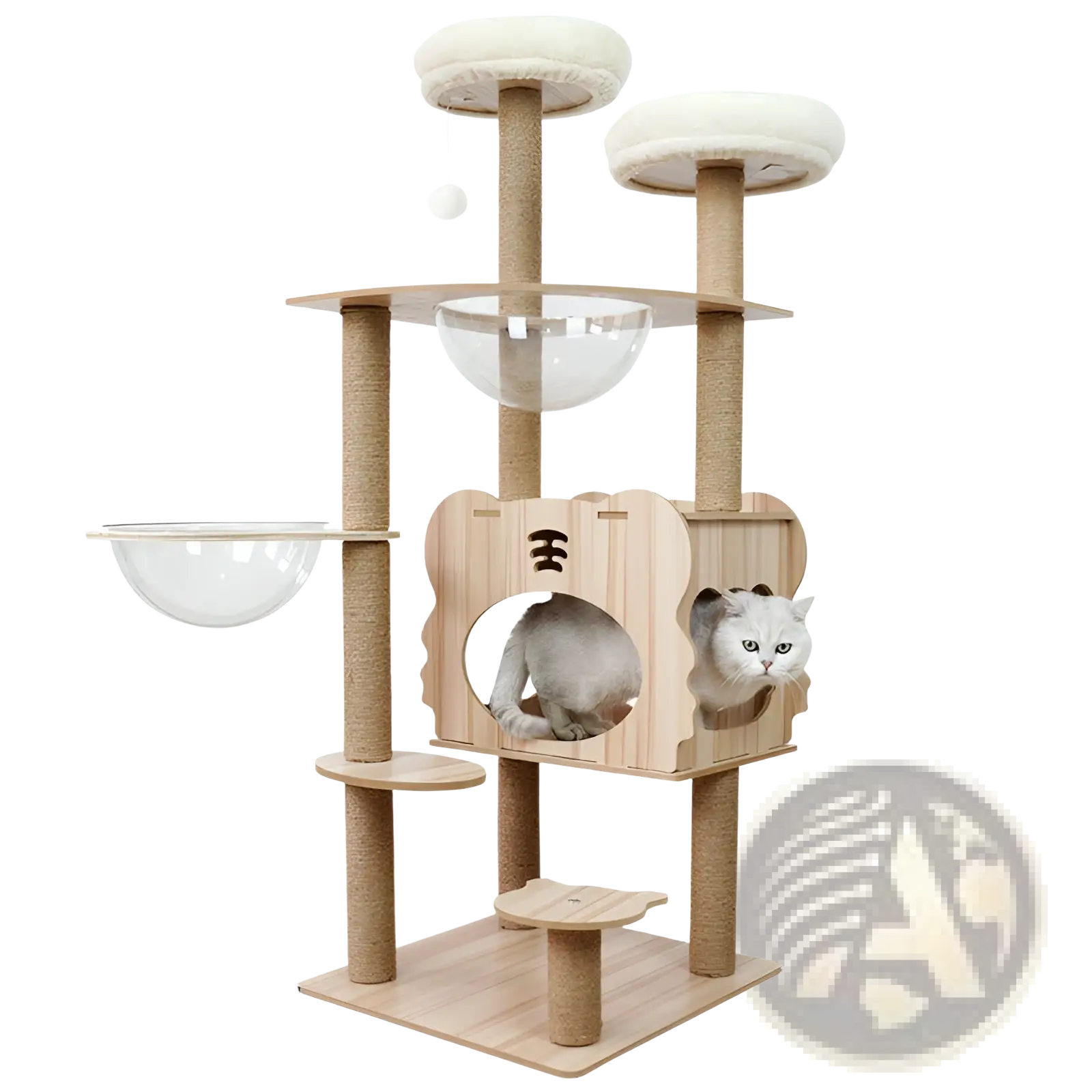 Tall wooden cat tree scratching post and condo with light wood, sisal-wrapped posts, central house, and white fluffy platforms