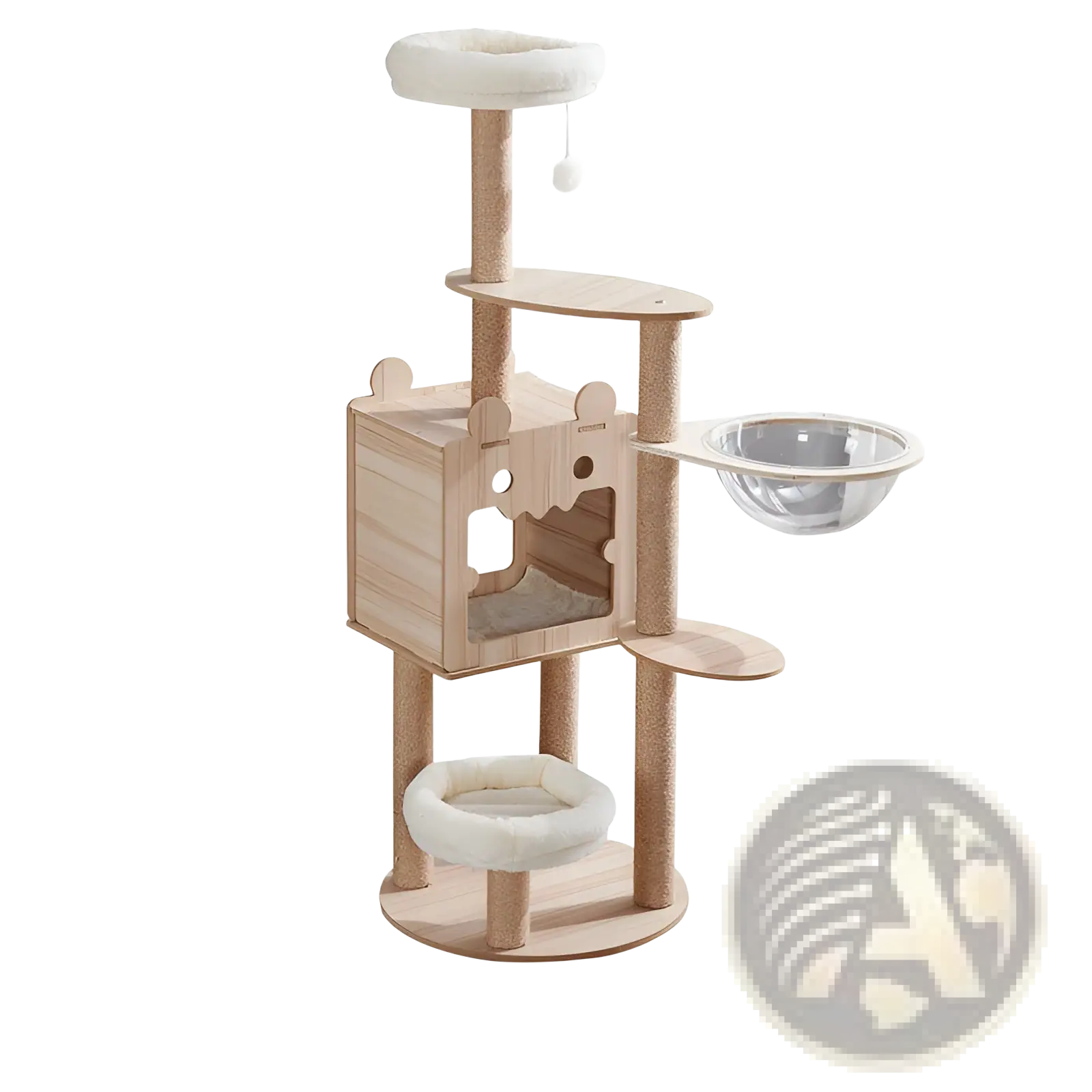 Beige wooden cat tree scratching post and condo with platforms, scratching posts, and a cozy enclosed hideaway