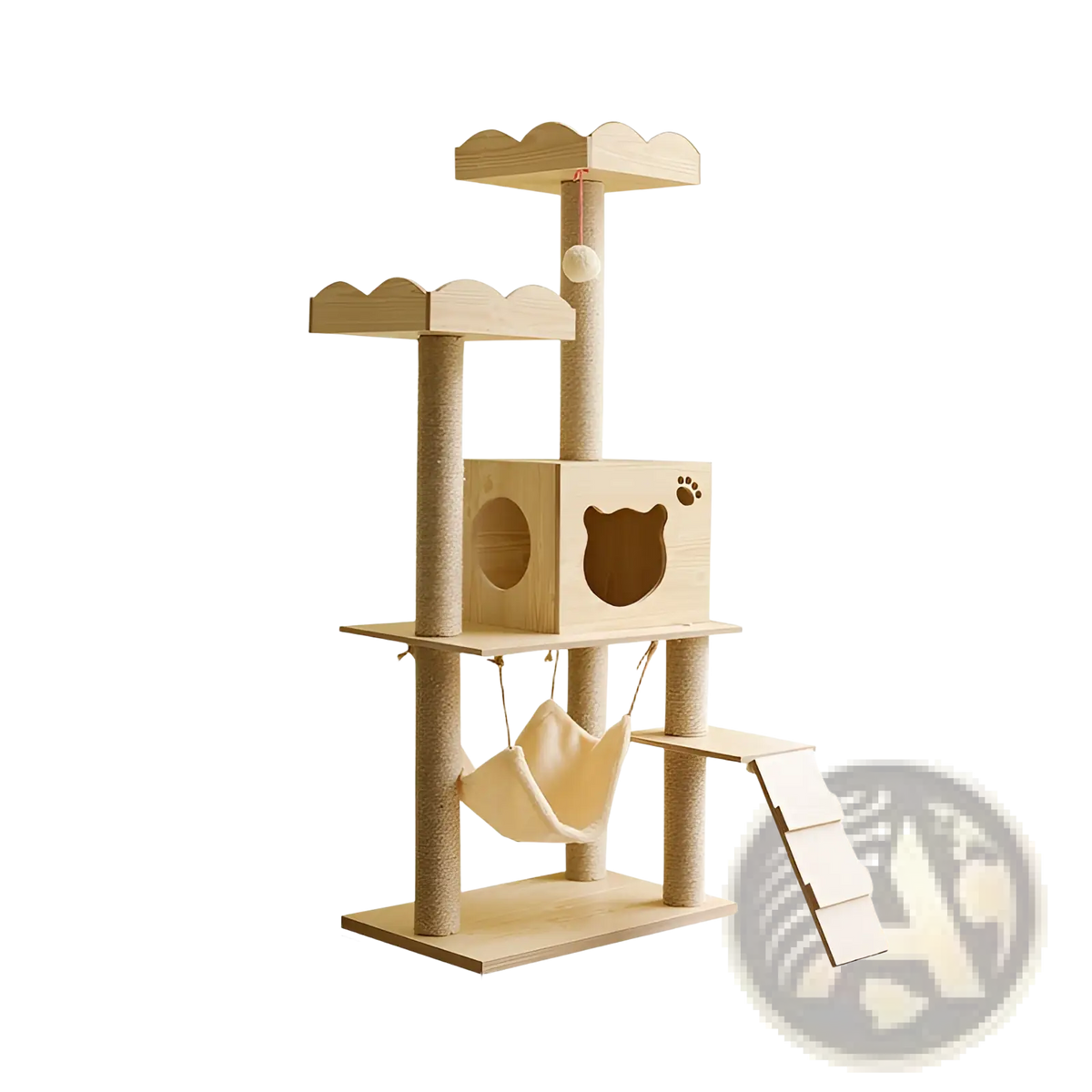 Beige wooden cat tree scratching post with hanging hammock and cloud-shaped platforms for feline play and rest