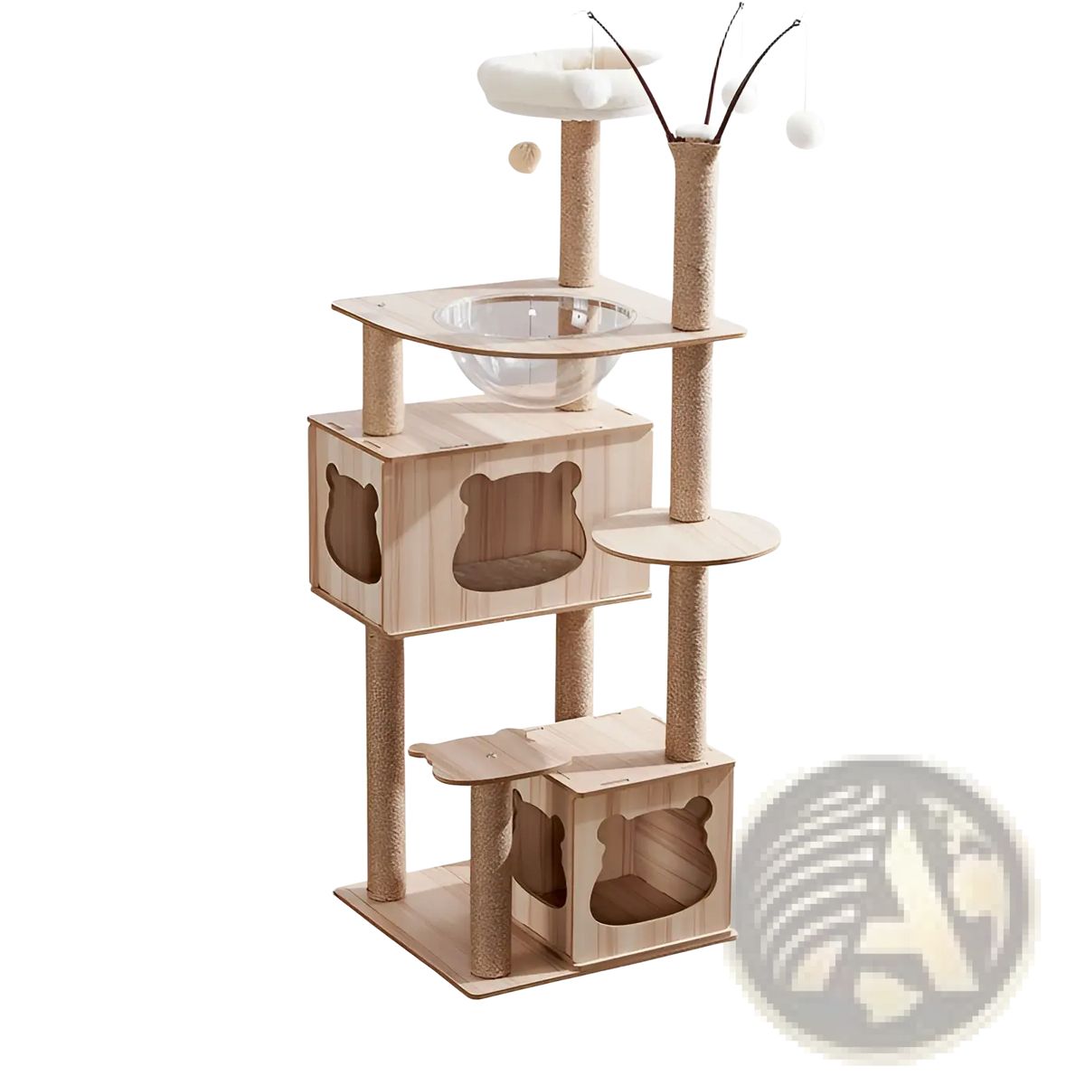 A light wood wooden cat tree scratching post and condo with bear-shaped cutouts and beige sisal rope posts