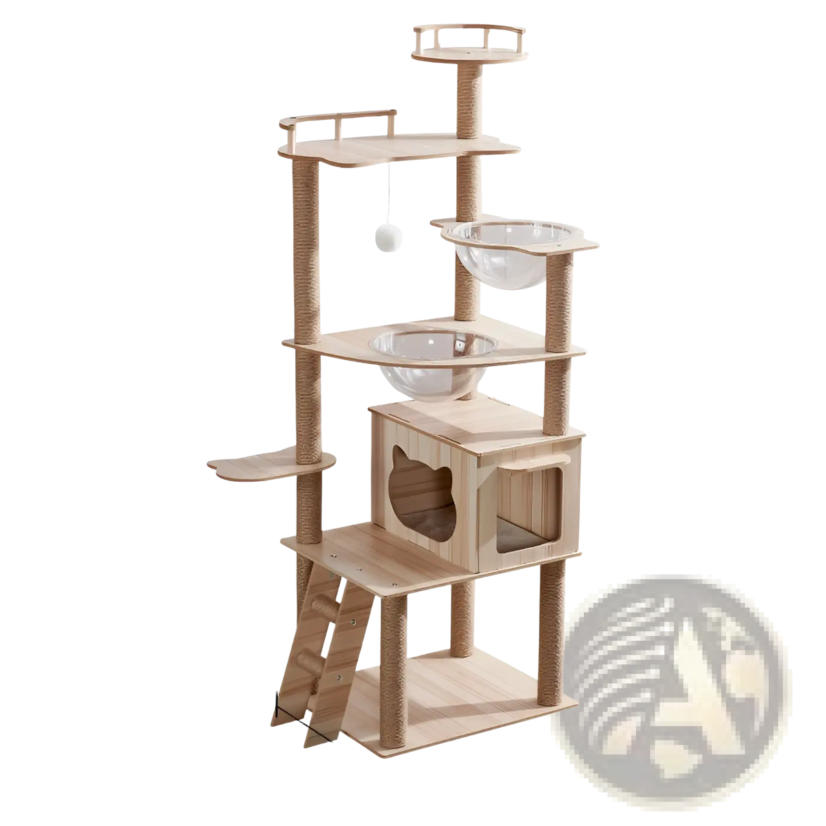 Wooden cat tree scratching post and condo with natural wood platforms and sisal-wrapped scratching posts