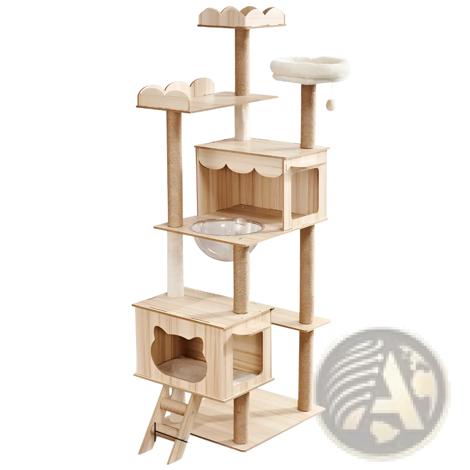 Wooden cat tree scratching post and condo with light wood panels rope-wrapped posts and scalloped-edge top platform