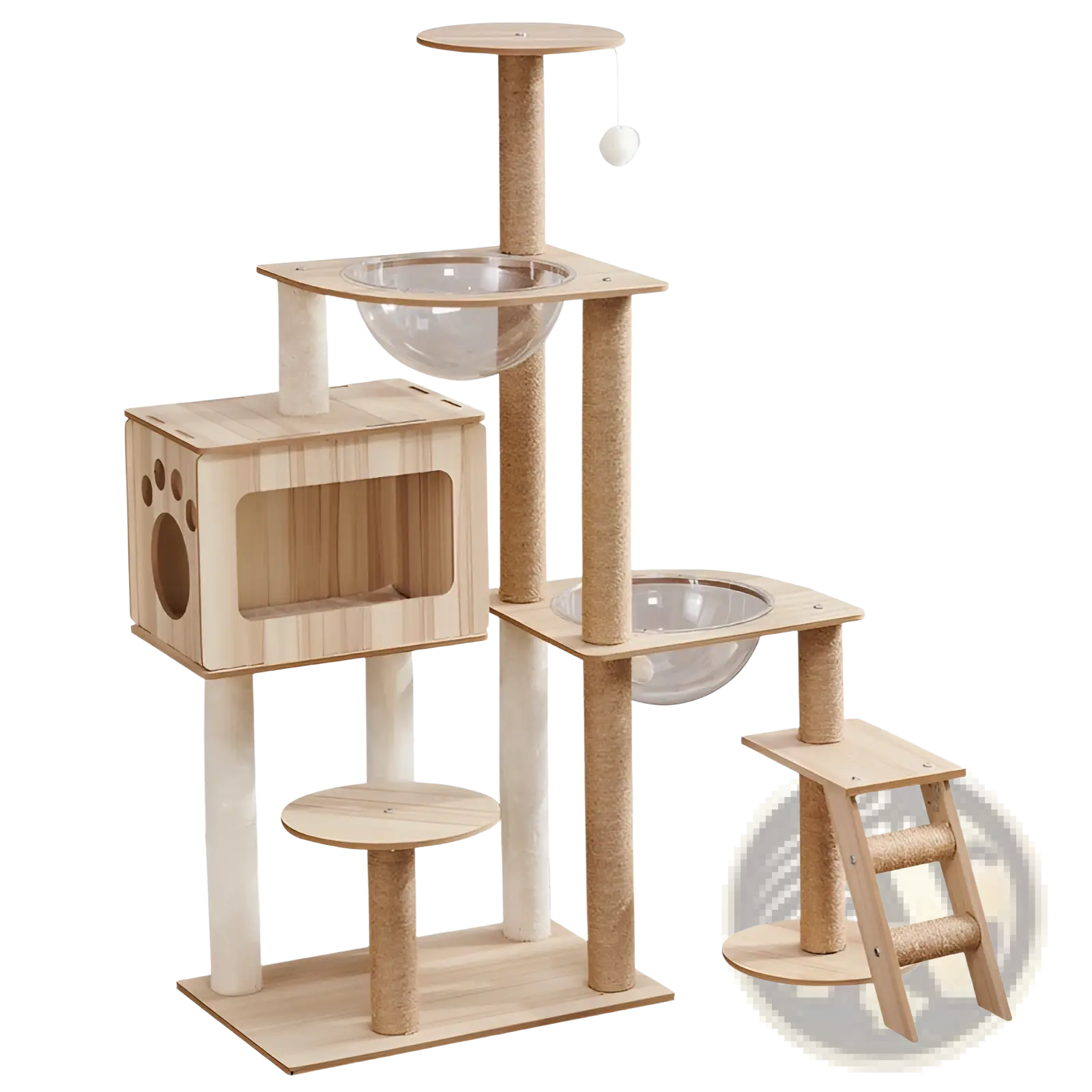 Light wood-finish wooden cat tree scratching post and condo with sisal posts transparent glass bowls and paw-print cutout entrance