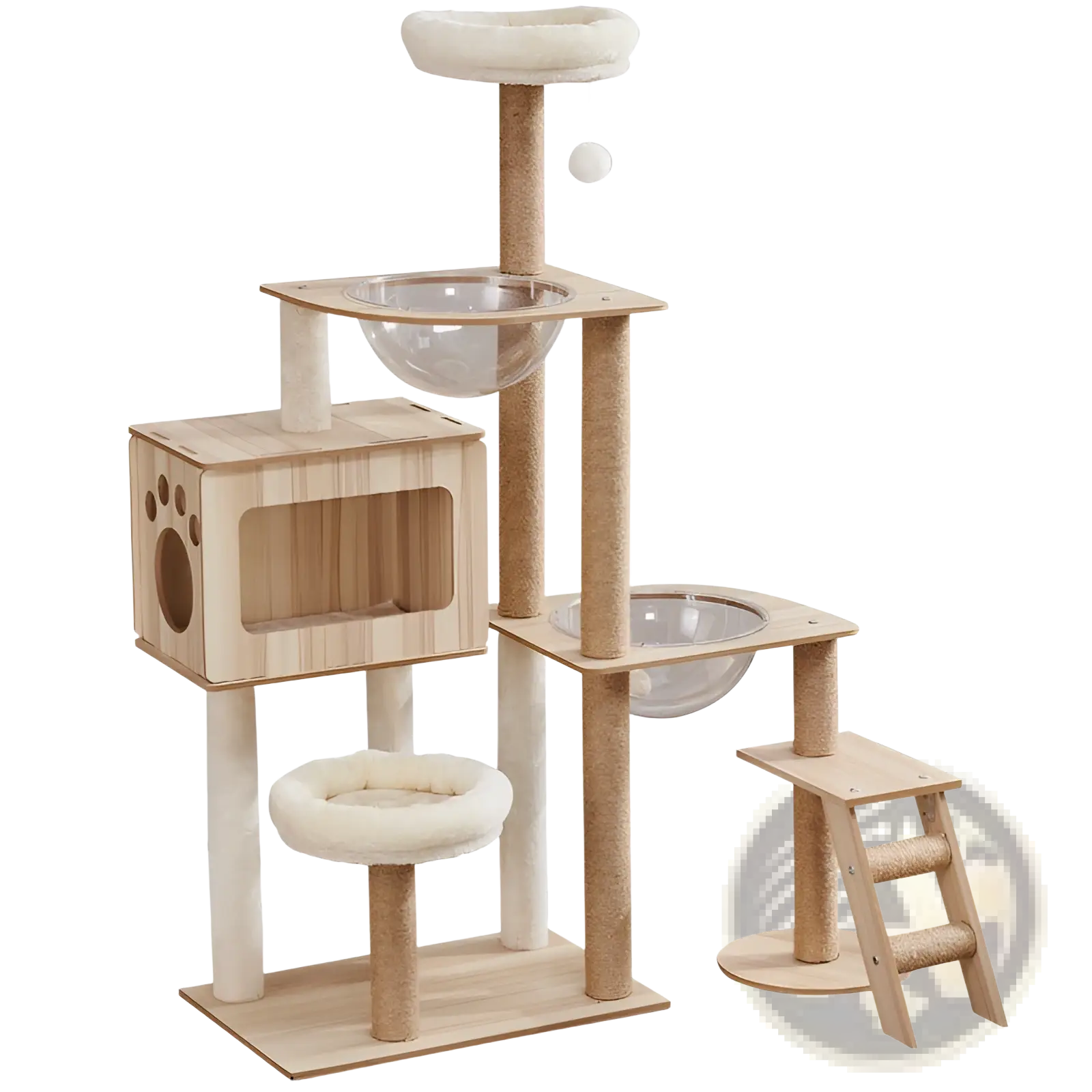 Beige and light wood wooden cat tree scratching post with multi-level platforms hammock perch glass bowls and ladder